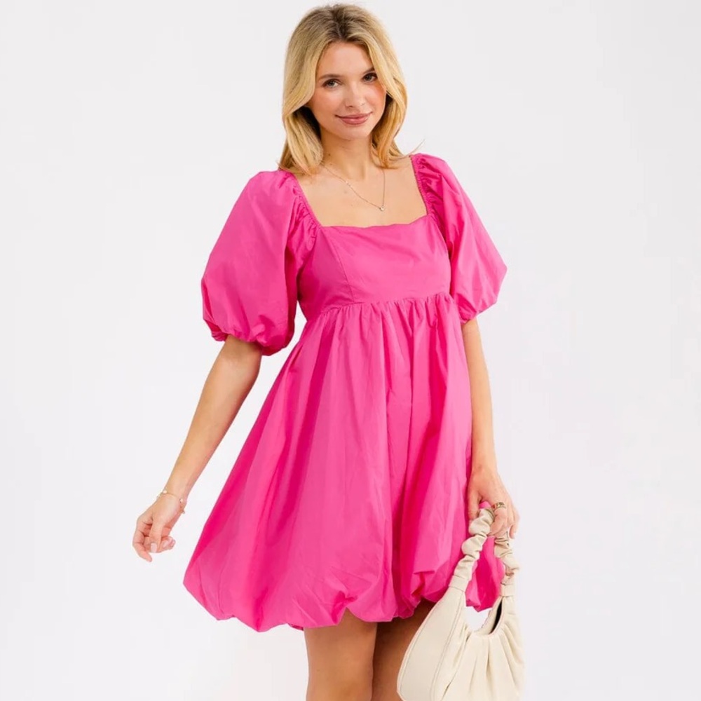 104 • Hot Pink Cotton Mini Dress | Puff Sleeve Cotton Summer Mini Party Dress